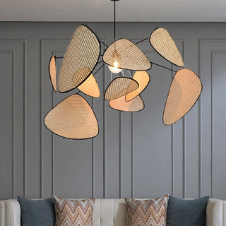 Modern pendant with rattan boho shade over kitchen