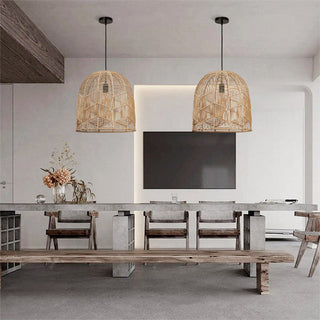 Vintage basket rattan shade ceiling lamp over table