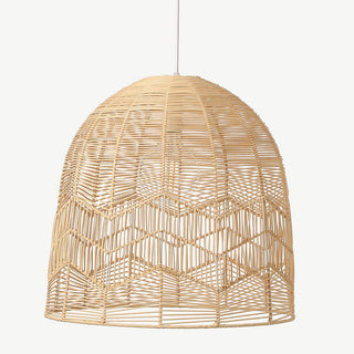 Handwoven rattan pendant showing intricate weave pattern