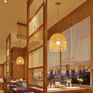 Basket-shaped rattan ceiling fixture for boho living room