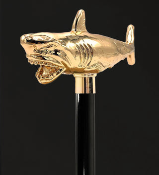 Shark 24K gold-plated handle rubber tip Italian luxury walking cane side view