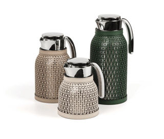 thermal carafe stainless steel designer flask leather cover lifestyle view
