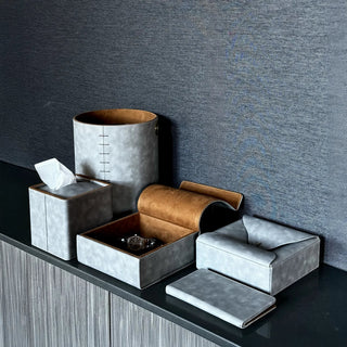 vegan leather desk organizer 7-piece gray champagne gold accents trays studio view