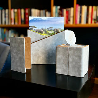 vegan leather desk organizer 7-piece gray champagne gold accents trays collection view