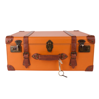 leatherette vintage travel trunk towel crate hand-applied straps close-up