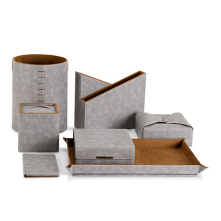 vegan leather desk organizer 7-piece gray champagne gold accents trays front view