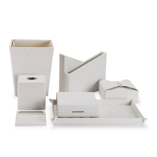 white leatherette office set tufted vegan leather desk organizer stainless steel accents front view