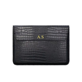 pu leather laptop sleeve crocodile texture plush interior built-in stand front view