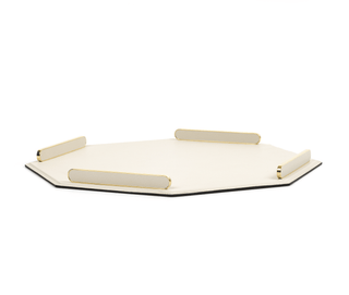 octagonal serving tray pinetti modern luxury gold brass handles leather inserts front view