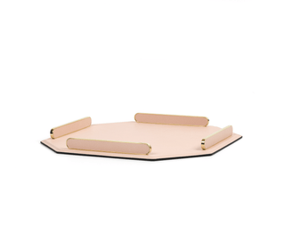 octagonal serving tray pinetti modern luxury gold brass handles leather inserts close-up