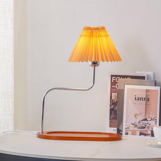 Retro solid wood umbrella table lamp — pleated fabric shade warm