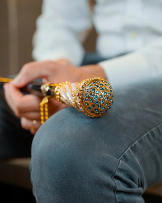 Gold Swarovski crystal black beechwood 24K brass tip Italian luxury walking cane detail