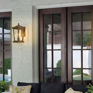 Farmhouse outdoor wall sconce ambient — glass shade aluminum lamp