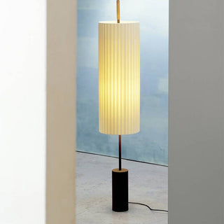 Modern Japanese floor lamp wide view — fabric soft warm