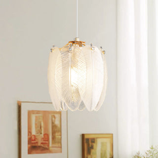 French feather pendant close-up — elegant glass ambient lamp