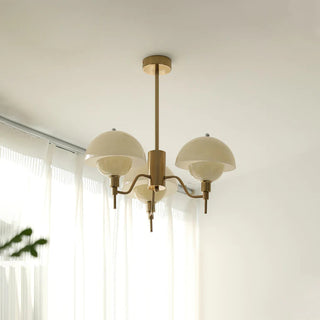 Elegant mushroom bedroom chandelier — modern white cream ceiling warm