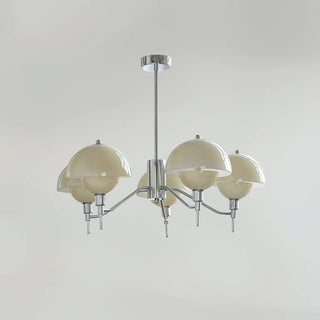 Modern cream mushroom chandelier illuminated — white elegant bedroom