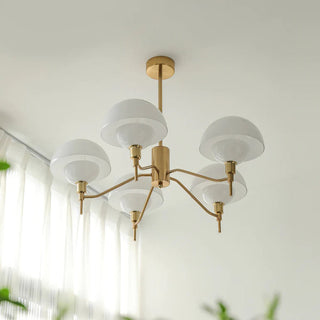 White elegant mushroom chandelier front — modern cream bedroom warm