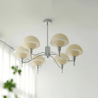 Elegant white mushroom chandelier setting — modern cream bedroom wide