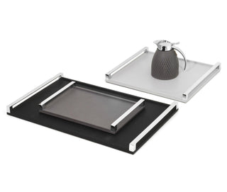 leather serving tray pinetti wood elegant metal handles non-slip bottom detail