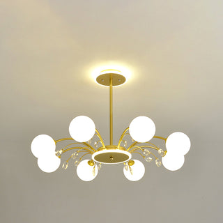 Gold glass raindrop chandelier ambient — luxury warm ceiling glow