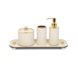 round bathroom set soap dispenser toothbrush holder cotton pad tray front view