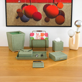 vintage office organizer moss green desk organizer set gold accents macro view