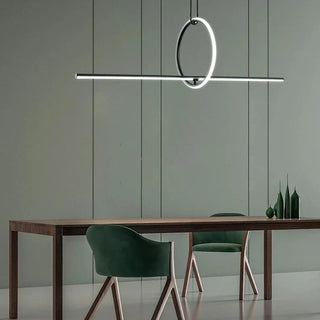 Linear island pendant close-up — sleek metal and acrylic hanging lamp
