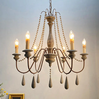 White Wooden Chandelier – Vintage Rustic Light Fixture for Living Room Lighting
