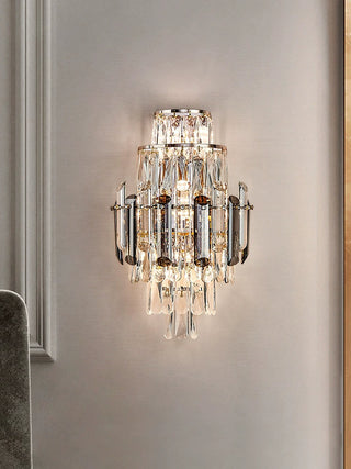 Crystal Wall Sconce – Chrome Wall Fixture with Cut Crystal Pendants for Elegant Living Room Lighting