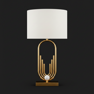 Architectural Table Lamp – Sculptural Lamp Base with Gold Trim Fabric Shade