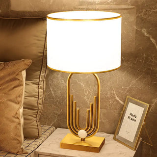Architectural Table Lamp – Sculptural Lamp Base with Gold Trim Fabric Shade