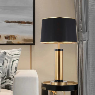 Brass black fabric shade lamp front — Scandinavian modern