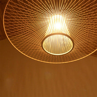 Woven bamboo pendant from below — natural lantern ceiling fixture