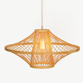 Handcrafted bamboo pendant from above — natural lantern light