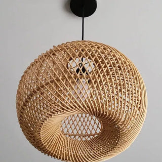 Boho pendant with handmade rattan basket — warm glow