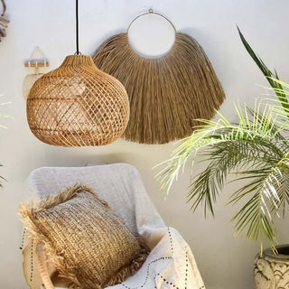 Boho living room pendant with handmade wicker basket