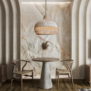 Wicker pendant with handwoven rattan over kitchen island