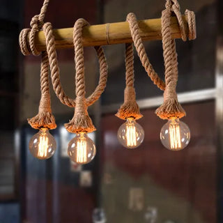 Bamboo Rope Pendant Light – Industrial Triple Bulb Fixture | Rustic Loft Lighting