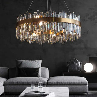 Gold Crystal Chandelier – Modern Circular Pendant Light with Adjustable LED