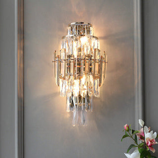 Crystal Wall Sconce – Chrome Wall Fixture with Cut Crystal Pendants for Elegant Living Room Lighting