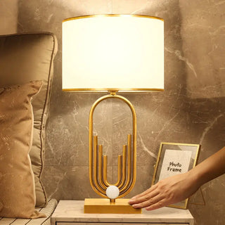 Architectural Table Lamp – Sculptural Lamp Base with Gold Trim Fabric Shade