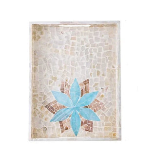 hand crafted shell tray earthworks blue flower wooden decorative coastal platter front view