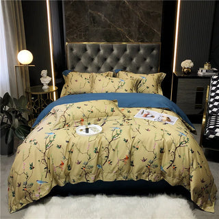 egyptian cotton duvet cover yellow botanical bedding set 600tc soft sheets close-up