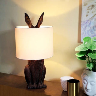 Masked rabbit table lamp setting — resin white fabric ambient