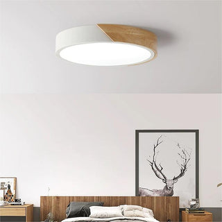 Modern dimmable wood ceiling fixture, round LED flush mount