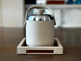 luxury leather ice bucket double wall stainless steel patented tong holder side view