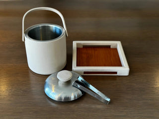 luxury leather ice bucket double wall stainless steel patented tong holder detail
