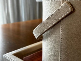 luxury leather ice bucket double wall stainless steel patented tong holder angle view