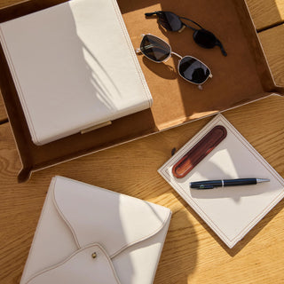 ivory desk organizer luxury vegan leather set wood panel suede lining showcase view